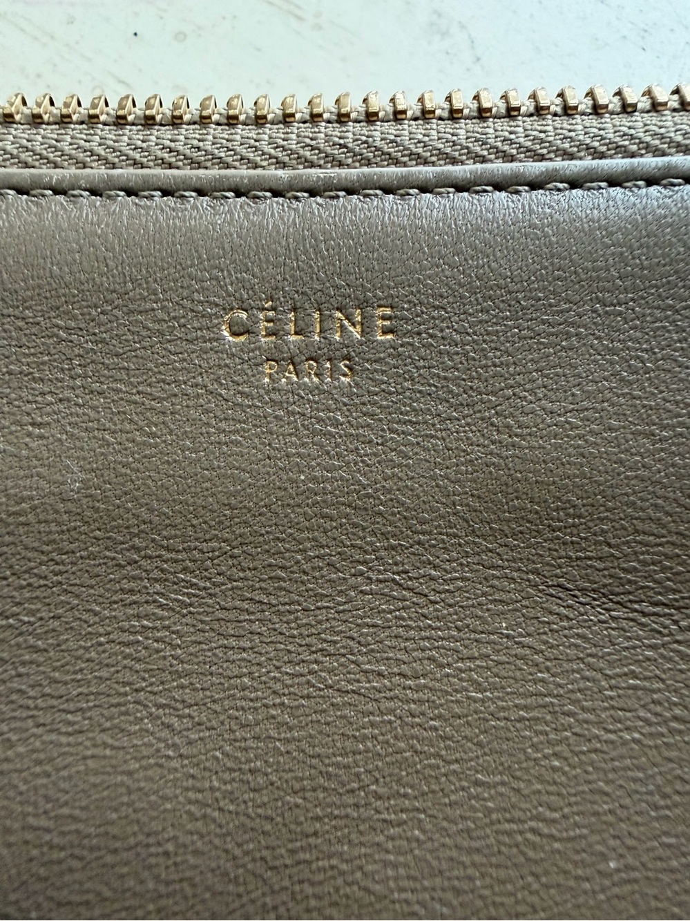 Celine Taupe Leather Zip Pouch with Gold Foil Logo